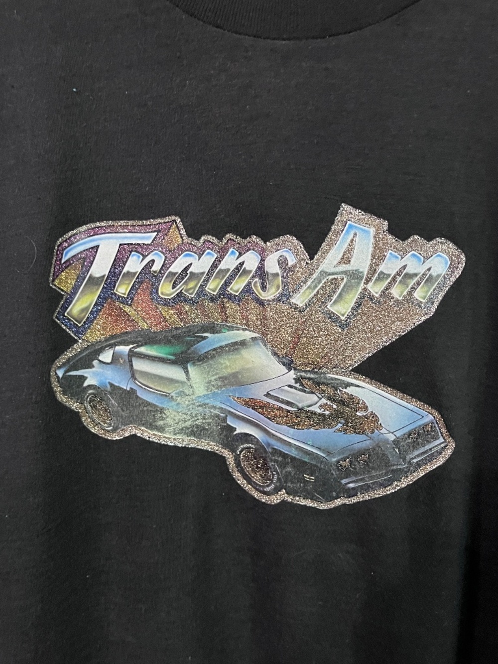 Vintage 1970s Pontiac Trans Am glitter iron-on shirt.